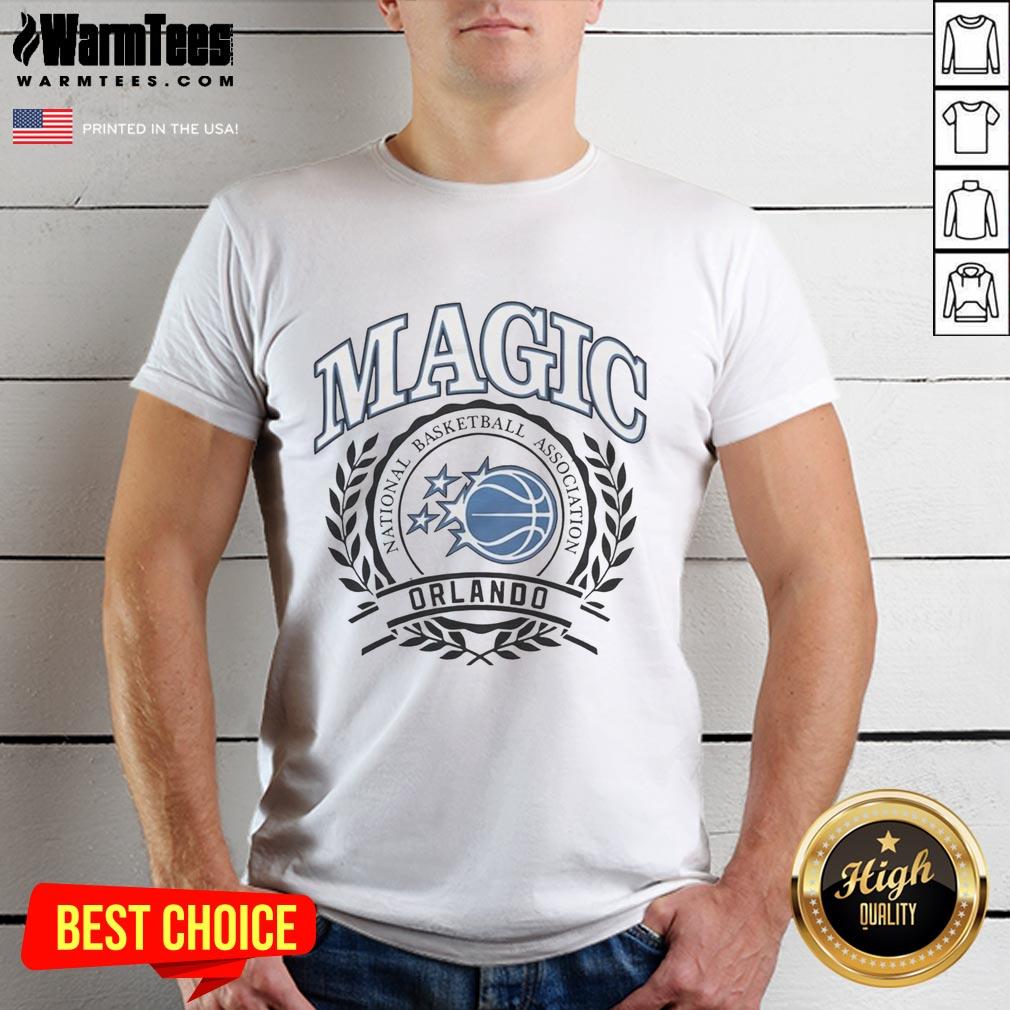 Retro Orlando Magic NBA logo T-shirt with laurel wreath frame, perfect for basketball fans and collectors.