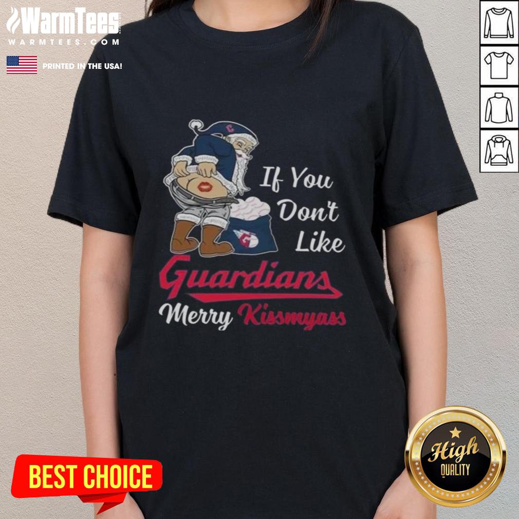 Awesome Santa Claus graphic on a Merry Kiss My Ass Christmas tee for Cleveland Guardians fans, perfect for holiday cheer.