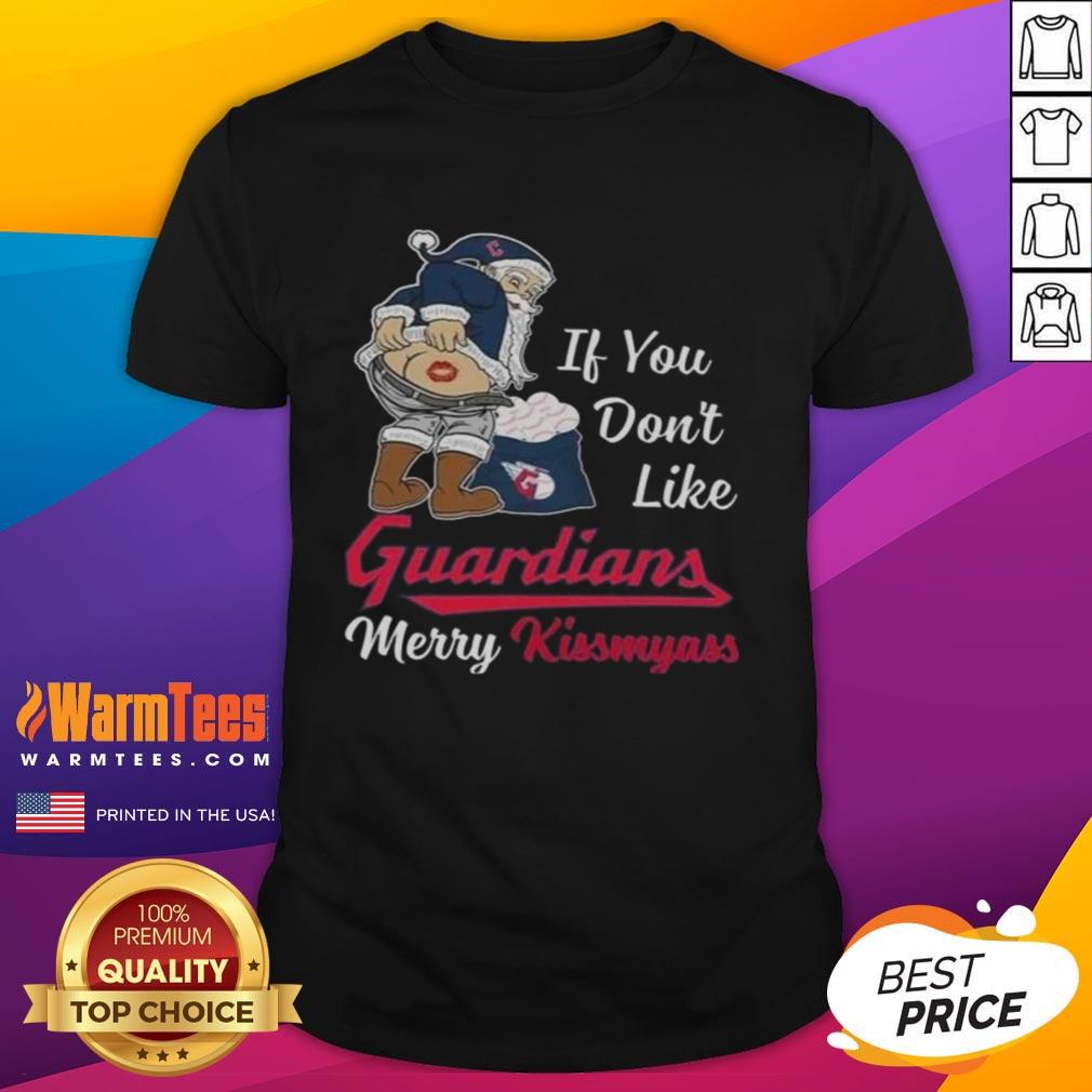 Alt Text: Awesome Santa Claus graphic on a Merry Kissmyass Christmas T-shirt for Cleveland Guardians fans.