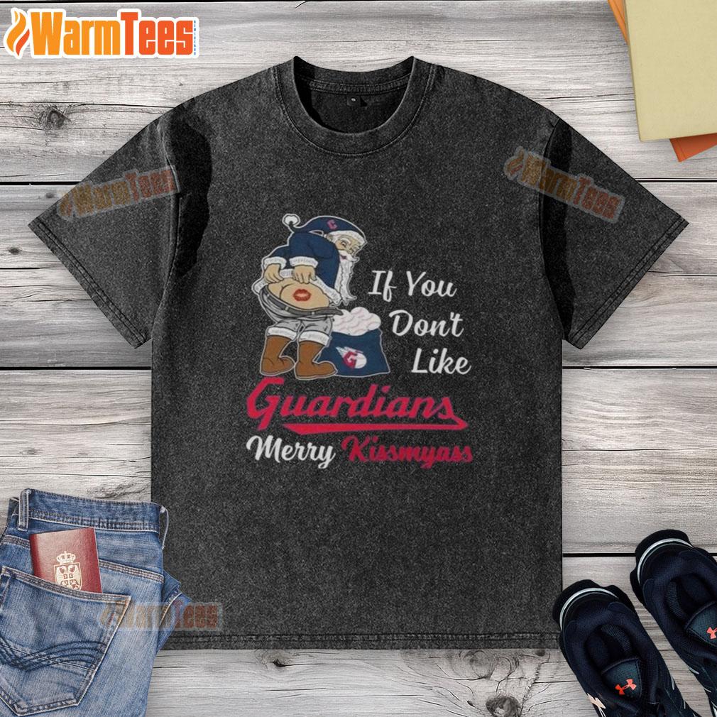 Awesome Santa Claus graphic on a Merry Kiss My Ass Christmas t-shirt for Cleveland Guardians fans.