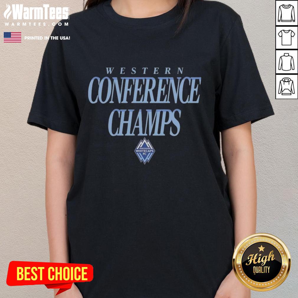 Awesome Vancouver Whitecaps FC 2025 MLS Western Conference Champions ladies tee, featuring team colors and logo design.