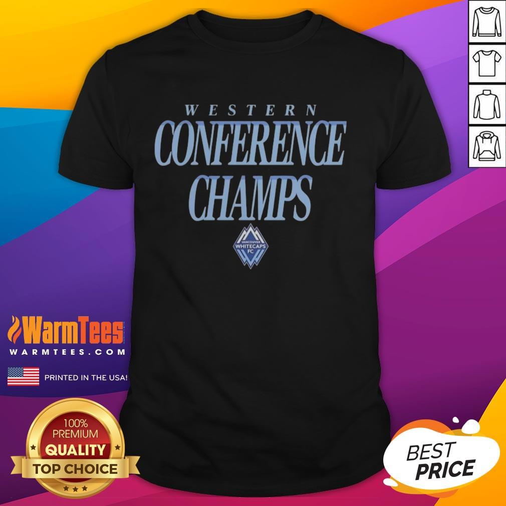 Vancouver Whitecaps FC 2025 MLS Western Conference Champions T-Shirt featuring bold team logo and vibrant design.
