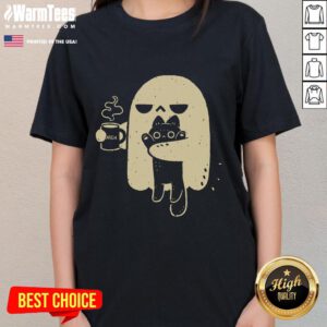 Cute ghost holding a coffee cup and a cat, featured on a ladies' tee, perfect for Halloween or casual wear.