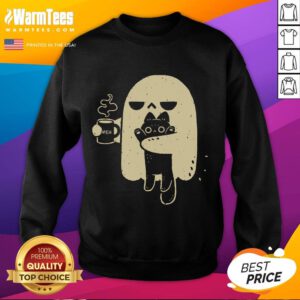 Cute ghost with a coffee cup and cat design on a comfy sweatshirt, perfect for Halloween and cozy vibes.