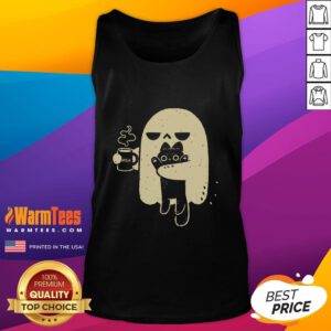 Cute ghost with a coffee cup holding a cat, featured on a stylish tank top design for Halloween lovers.