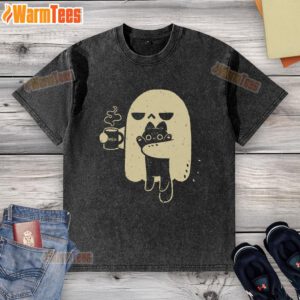 Alt Text: Cute ghost holding a cat and a coffee cup on a washed t-shirt design, perfect for Halloween and casual wear.