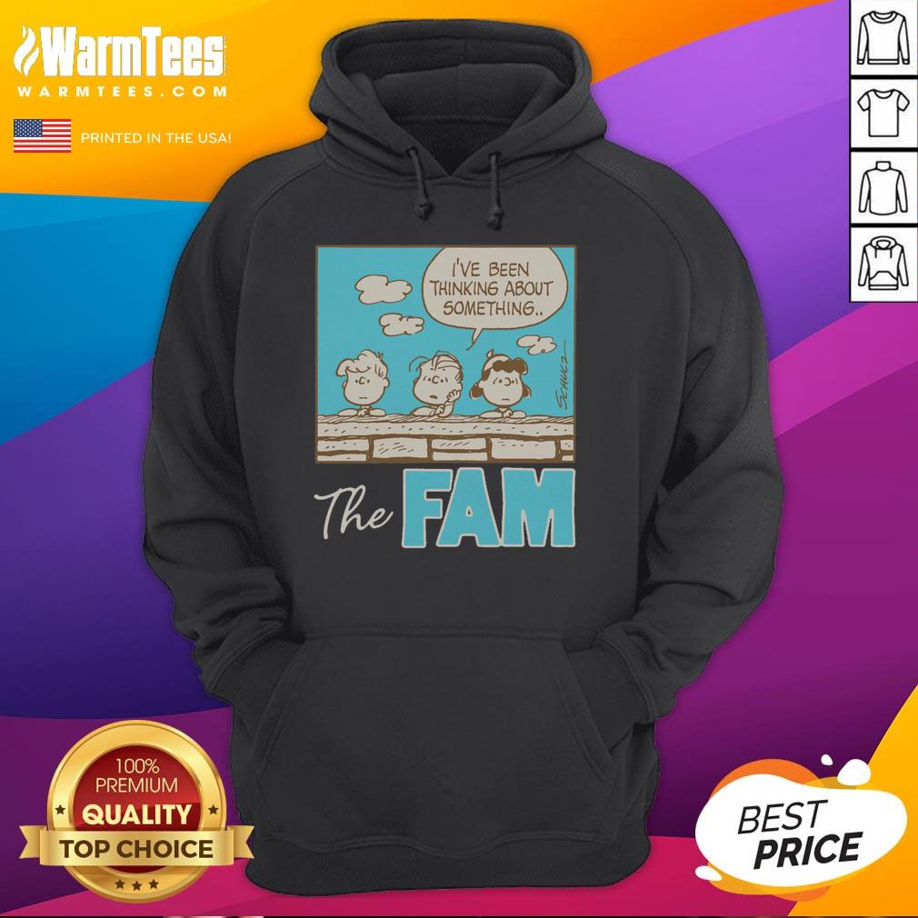 Alt Text: Cute Peanuts hoodie featuring 'The Fam I've Been Thinking About' design, perfect for cozy casual wear.
