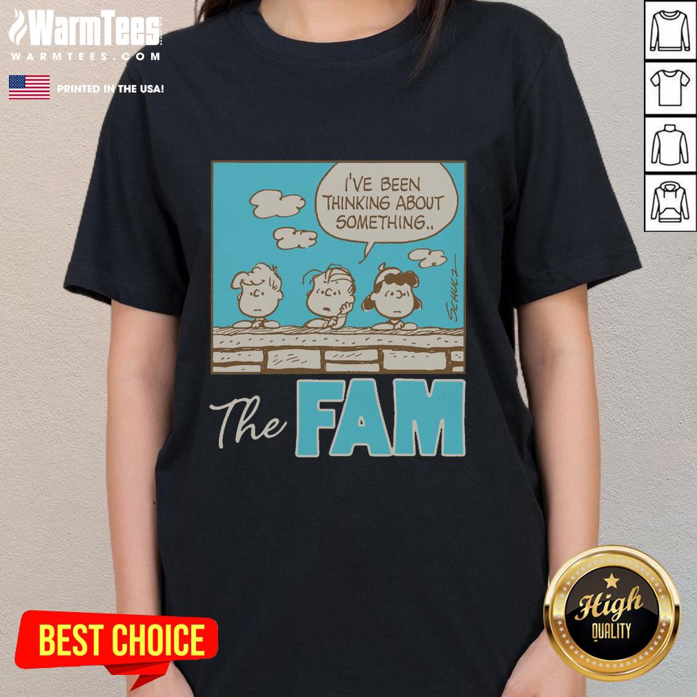 Alt Text: Cute Peanuts The Fam I've Been Thinking About ladies tee featuring playful cartoon characters on a stylish shirt.