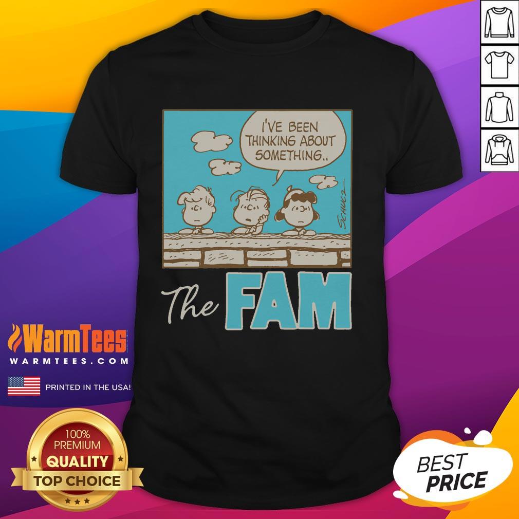 Alt Text: Cute Peanuts The Fam I've Been Thinking About Something T-Shirt featuring playful cartoon characters in vibrant colors.