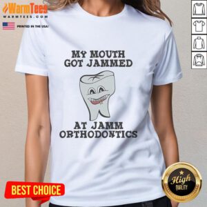 Leslie Knope ladies tee featuring 'Good, My Mouth Got Jammed' design at Jamm Orthodontics, perfect for fans of Parks and Recreation.