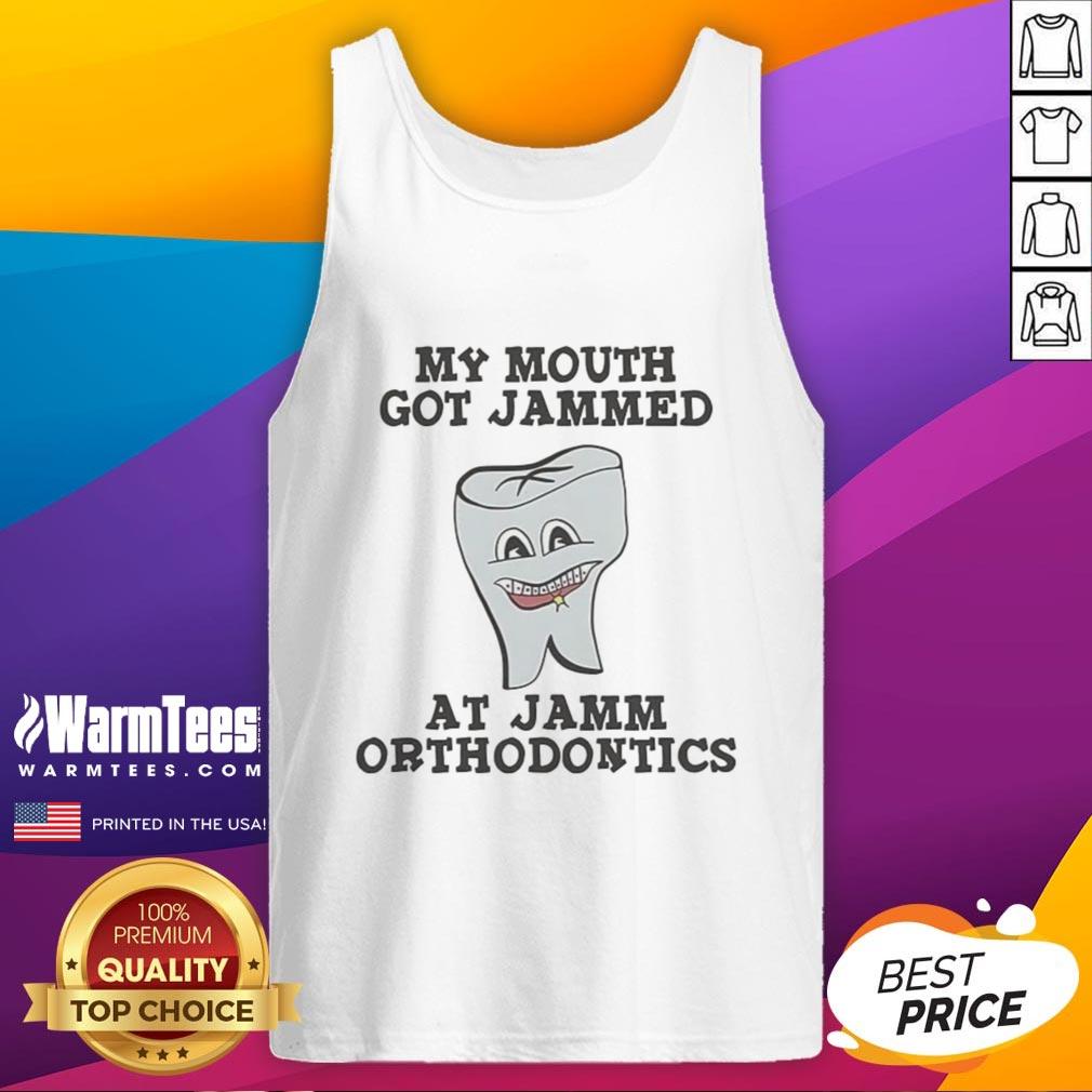Leslie Knope tank top featuring 'Good, My Mouth Got Jammed' at Jamm Orthodontics, perfect for fans of Parks and Recreation.