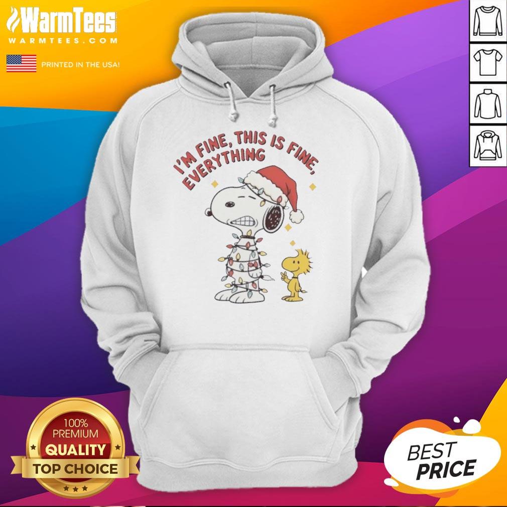 Snoopy and Woodstock in Christmas lights hoodie, saying 'I'm fine, this is fine' for a festive touch.