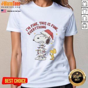 Good Peanuts Snoopy and Woodstock 'I'm Fine, This is Fine' Christmas lights ladies tee design for festive fun.