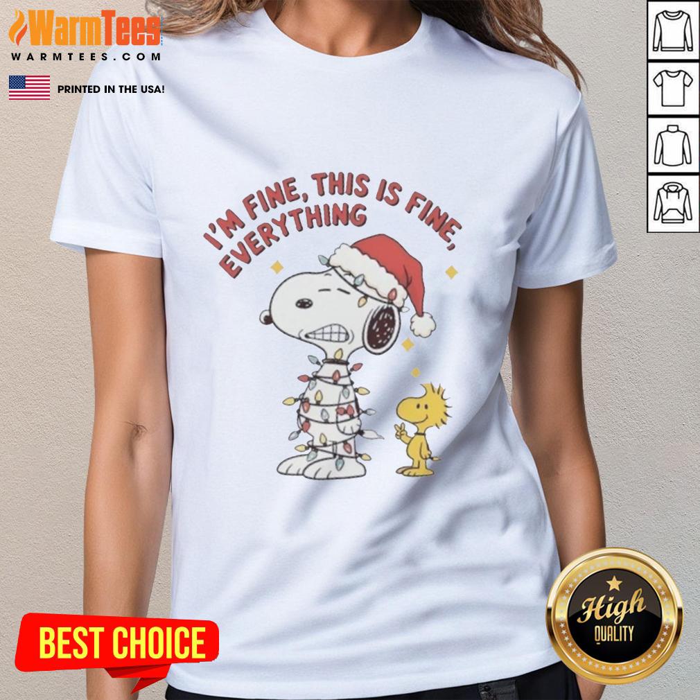 Good Peanuts Snoopy and Woodstock 'I'm Fine, This is Fine' Christmas lights ladies tee design for festive fun.