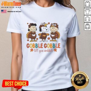 Thanksgiving ladies tee featuring Snoopy and friends in fun cosplay, perfect for gobble gobble celebrations.