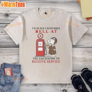Vintage Snoopy graphic tee featuring 'I'm so old I remember the bell at the gas station' design, perfect for nostalgic fans.