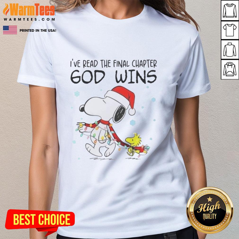 Alt Text: Good Snoopy X Woodstock 'I've Read The Final Chapter God Wins' Christmas Lights Ladies Tee for festive holiday spirit.