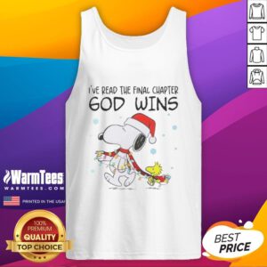 Good Snoopy x Woodstock tank top featuring 'I've Read The Final Chapter, God Wins' with festive Christmas lights design.