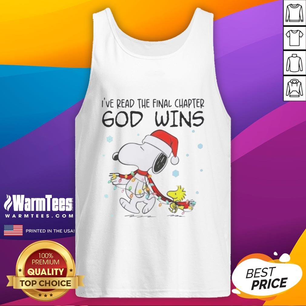 Good Snoopy x Woodstock tank top featuring 'I've Read The Final Chapter, God Wins' with festive Christmas lights design.