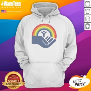 Good Step Brothers' Brennan Huff wearing a United Way rainbow hoodie, promoting inclusivity and community support.
