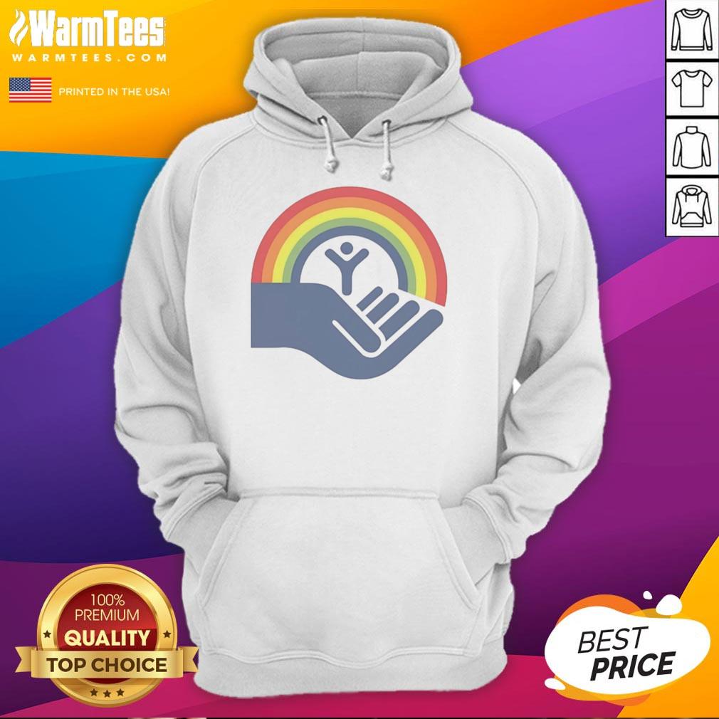 Good Step Brothers' Brennan Huff wearing a United Way rainbow hoodie, promoting inclusivity and community support.