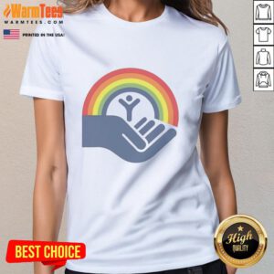 Alt Text: Good Step Brothers Brennan Huff wearing a United Way Rainbow Ladies Tee, showcasing a vibrant design and community spirit.
