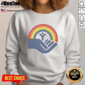 Brennan Huff from Good Step Brothers wearing a United Way rainbow sweatshirt, showcasing vibrant colors and a casual style.