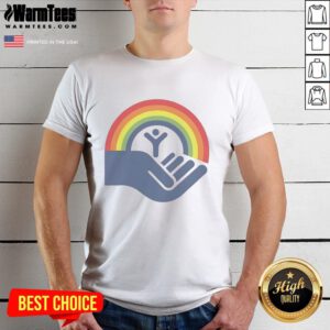 Good Step Brothers Brennan Huff wearing United Way rainbow T-shirt, showcasing vibrant colors and a fun design.