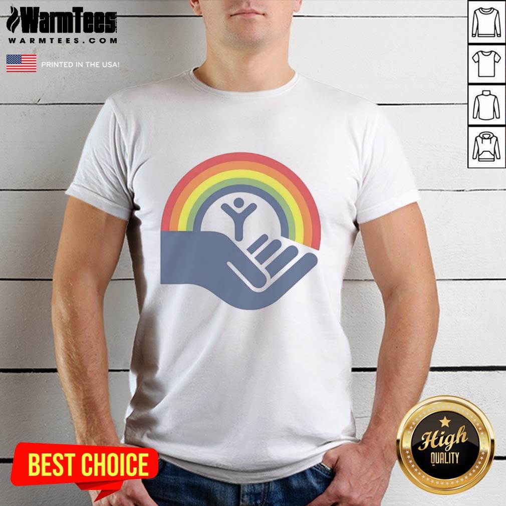 Good Step Brothers Brennan Huff wearing United Way rainbow T-shirt, showcasing vibrant colors and a fun design.