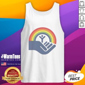 Brennan Huff from Good Step Brothers wearing a colorful United Way rainbow tank top, showcasing vibrant style.