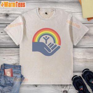 Alt Text: Brennan Huff from Step Brothers wearing a vibrant rainbow washed t-shirt for United Way charity event.