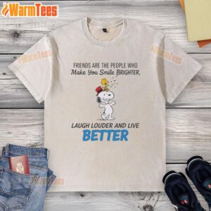Happy Snoopy t-shirt featuring friends quote, perfect for brightening smiles and laughter in casual wear.