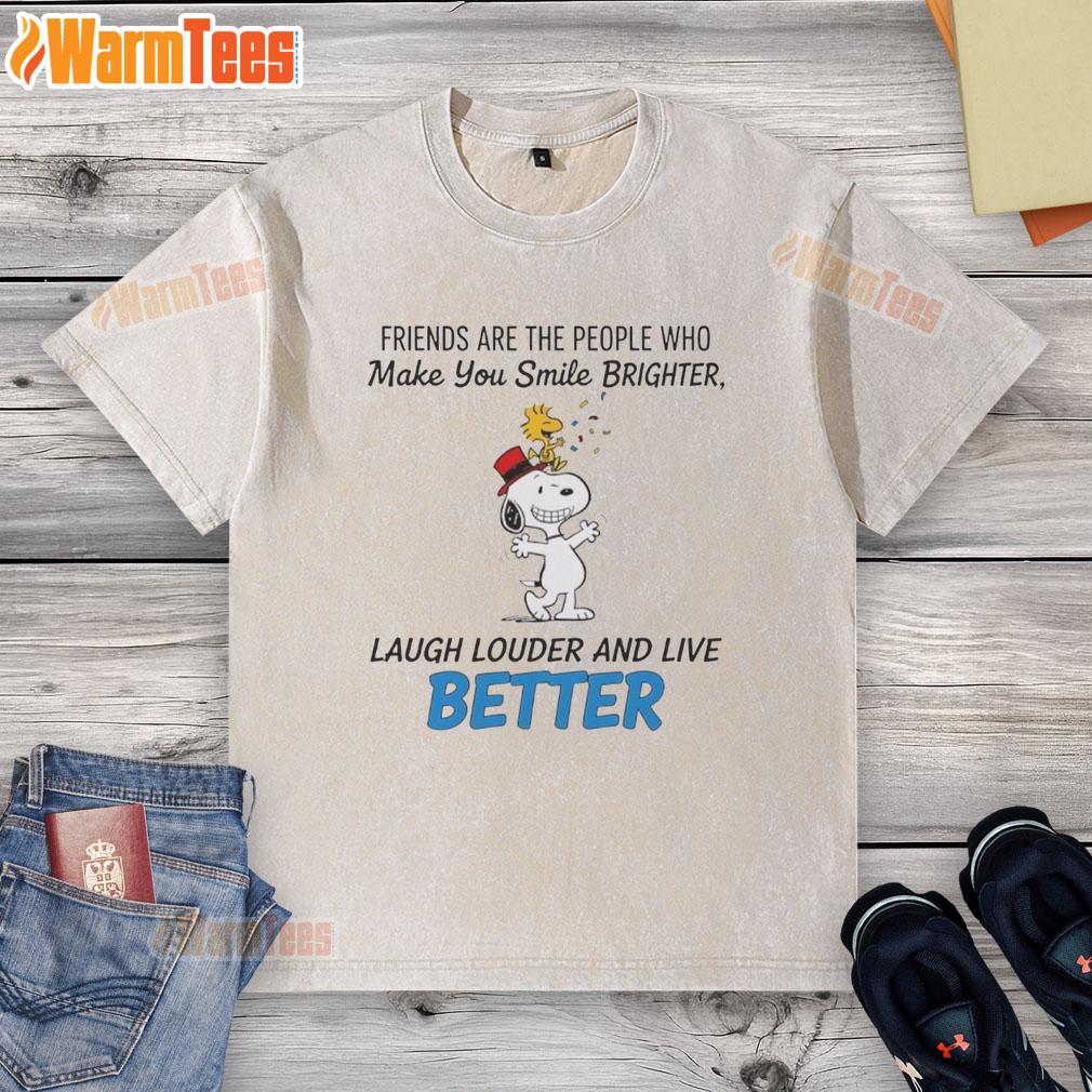 Happy Snoopy t-shirt featuring friends quote, perfect for brightening smiles and laughter in casual wear.
