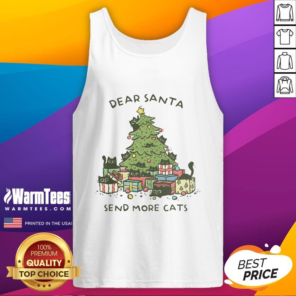 Funny 'Dear Santa, Send More Cats' Christmas tank top design with a festive tree and playful cat graphics.