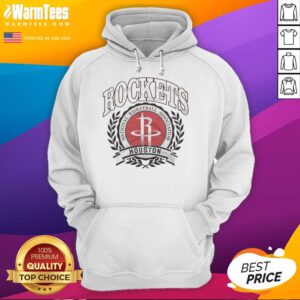 Retro Houston Rockets NBA logo hoodie with laurel wreath frame, showcasing vintage basketball style.
