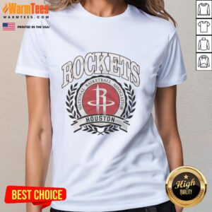 Retro ladies tee featuring the Houston Rockets NBA logo framed in a laurel wreath, perfect for basketball fans.