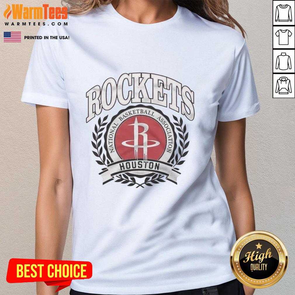 Retro ladies tee featuring the Houston Rockets NBA logo framed in a laurel wreath, perfect for basketball fans.