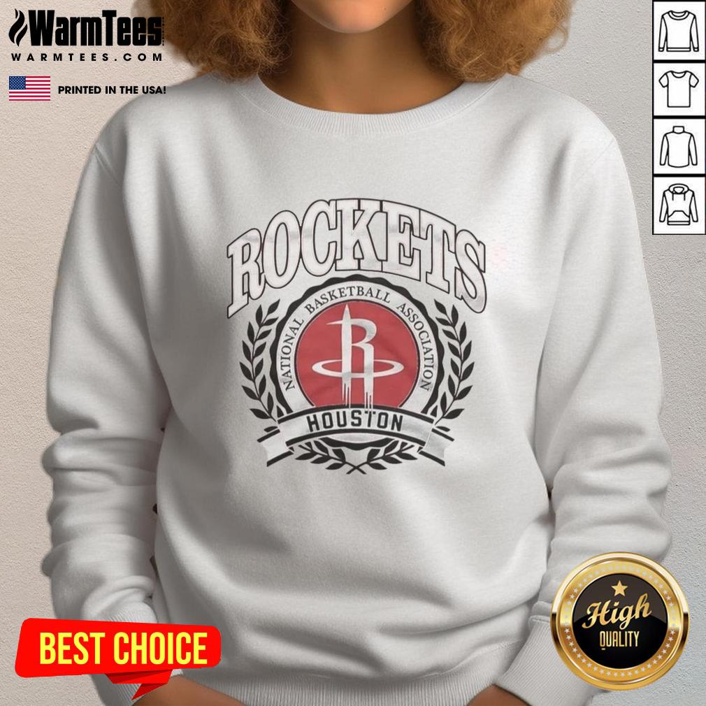Retro Houston Rockets NBA logo sweatshirt with laurel wreath frame, perfect for basketball fans and vintage style lovers.