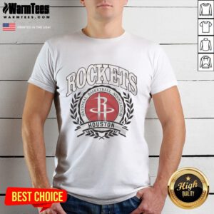 Retro Houston Rockets NBA logo t-shirt with laurel wreath frame, perfect for basketball fans and collectors.