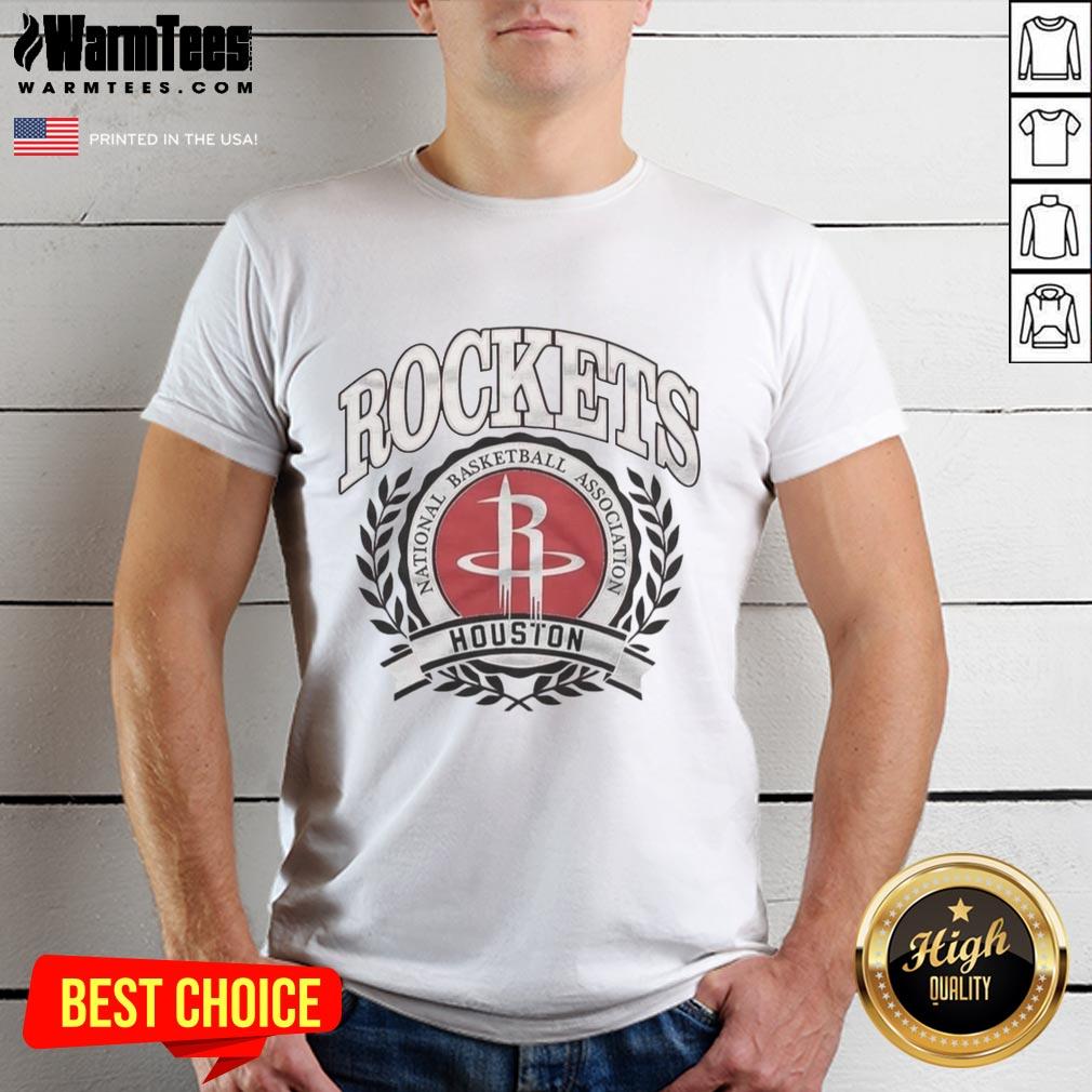 Retro Houston Rockets NBA logo t-shirt with laurel wreath frame, perfect for basketball fans and collectors.