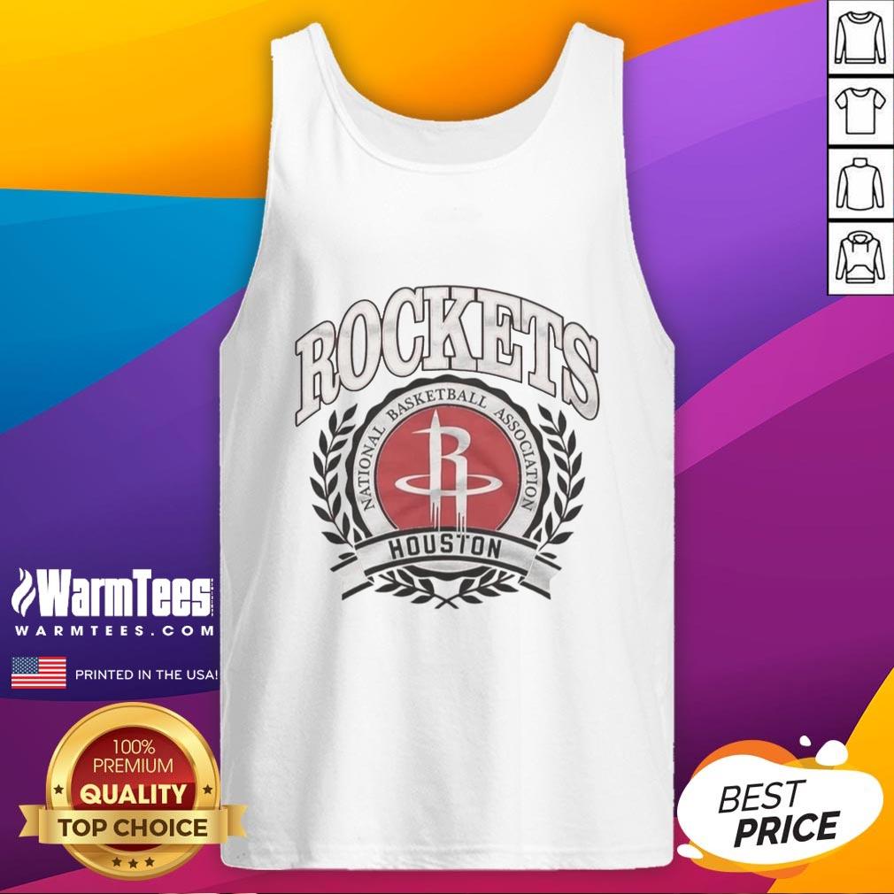 Retro tank top featuring the Houston Rockets NBA logo in a laurel wreath frame, perfect for basketball fans.