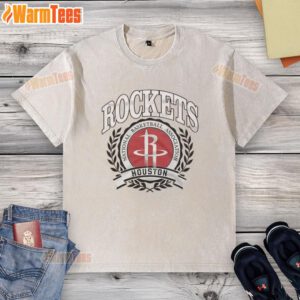 Alt Text: Retro washed t-shirt featuring the Houston Rockets NBA logo framed by a laurel wreath, showcasing vintage style.