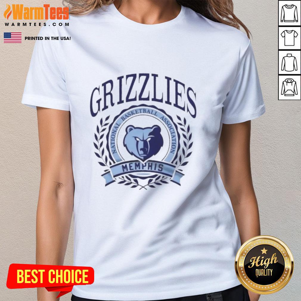 Alt Text: Stylish Memphis Grizzlies National Basketball Association crest on a ladies' tee, perfect for fans and casual wear.