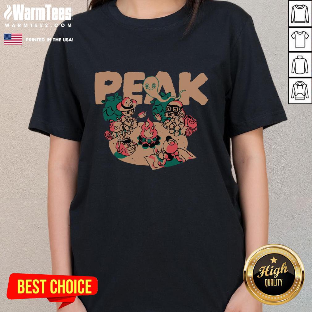Happy campers wearing Nice Peak ladies tee, enjoying nature and outdoor adventures together in a scenic landscape.