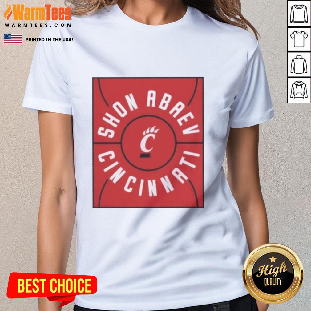 Nice Shon Abaev full court Cincinnati Bearcats basketball ladies tee featuring vibrant team colors and stylish design.
