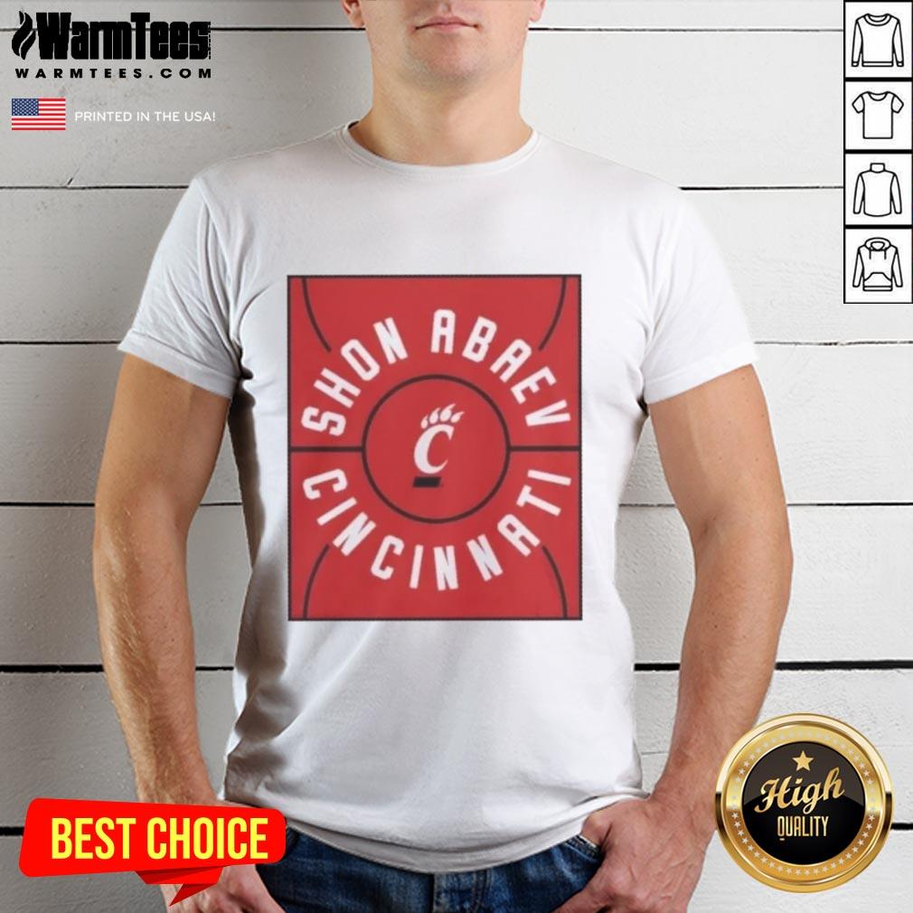 Alt Text: Nice Shon Abaev Full Court Cincinnati Bearcats Basketball T-Shirt featuring vibrant team colors and logo.
