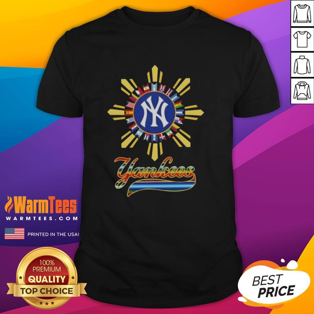 Alt Text: Official 2025 New York Yankees Baseball X Hispanic T-Shirt featuring unique design and vibrant colors.