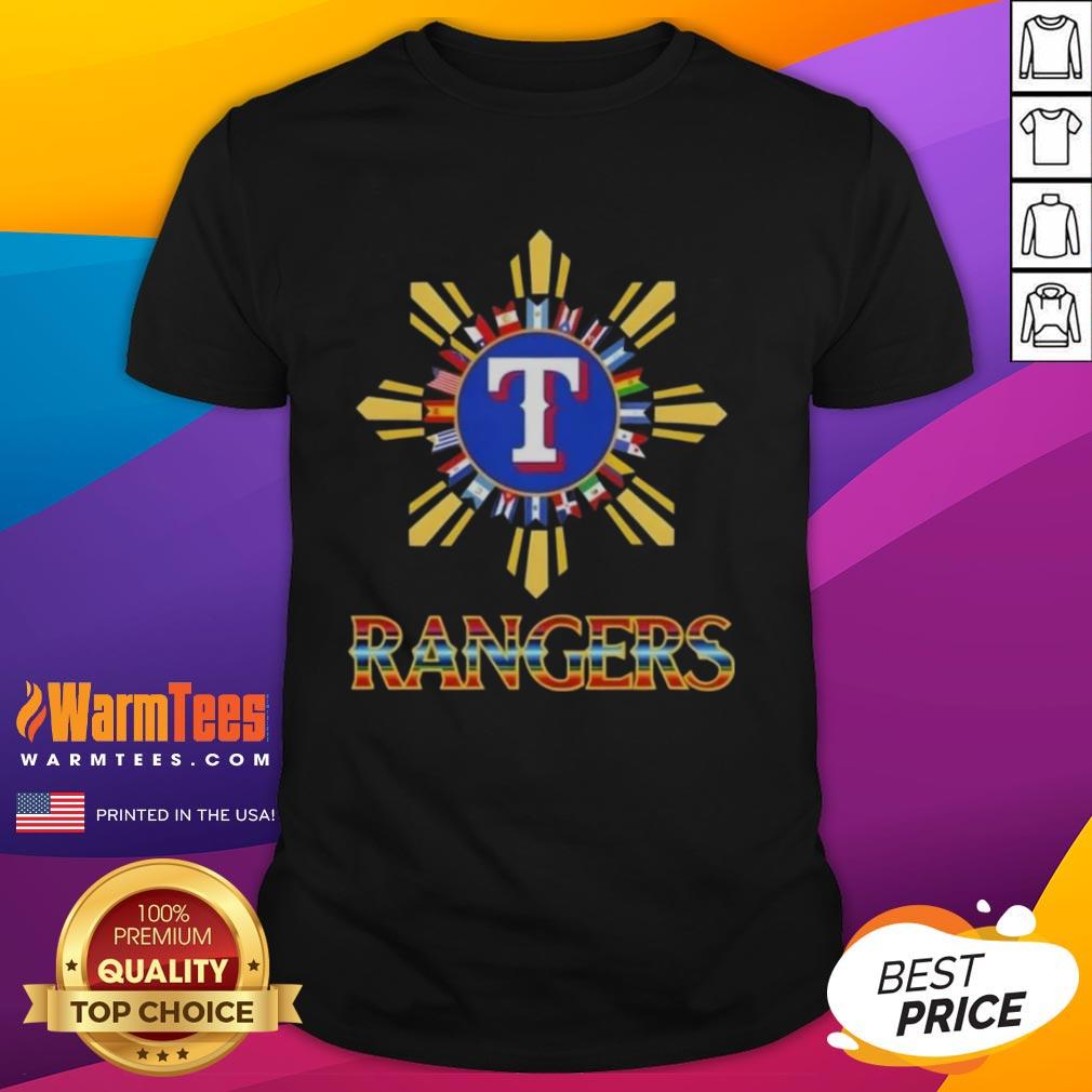 Official 2025 Texas Rangers Baseball X Hispanic T-Shirt featuring vibrant team colors and cultural design elements.