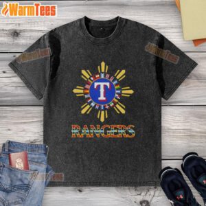 Official 2025 Texas Rangers Baseball X Hispanic washed t-shirt showcasing vibrant team colors and stylish design.