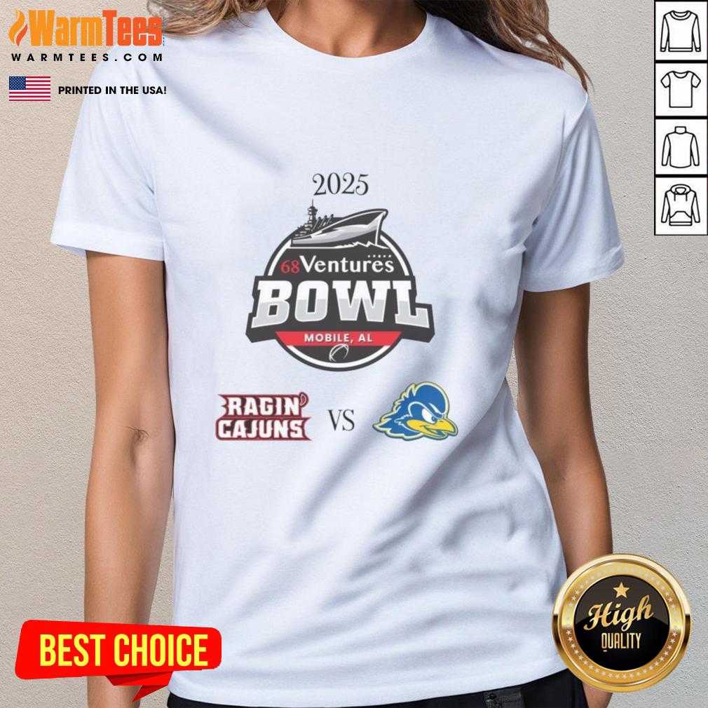 Official Louisiana Ragin' Cajuns vs Delaware Blue Hens 2025 Ventures Bowl ladies tee featuring vibrant team logos.